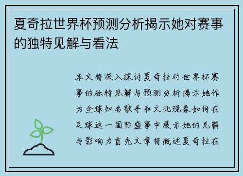 夏奇拉世界杯预测分析揭示她对赛事的独特见解与看法
